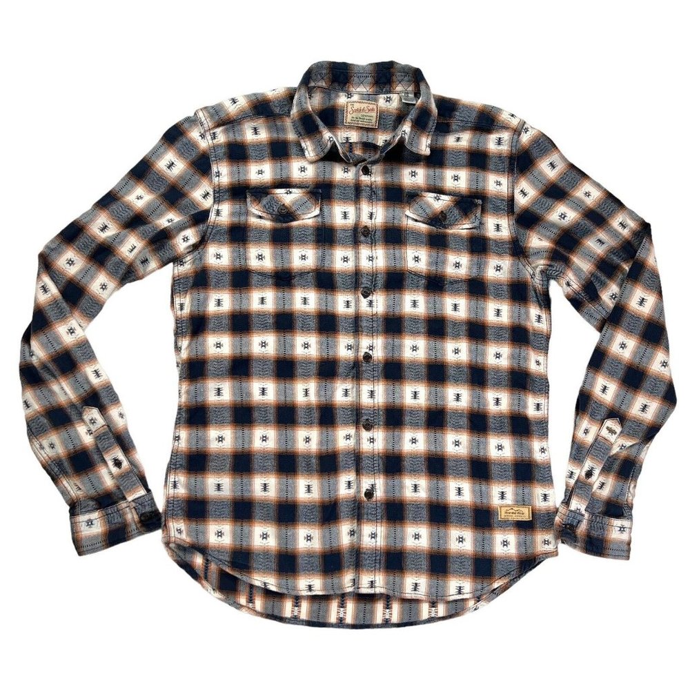 Scotch & Soda Men’s Shirt Long Sleeve Plaid Western Brown Blue Country Cowboy L